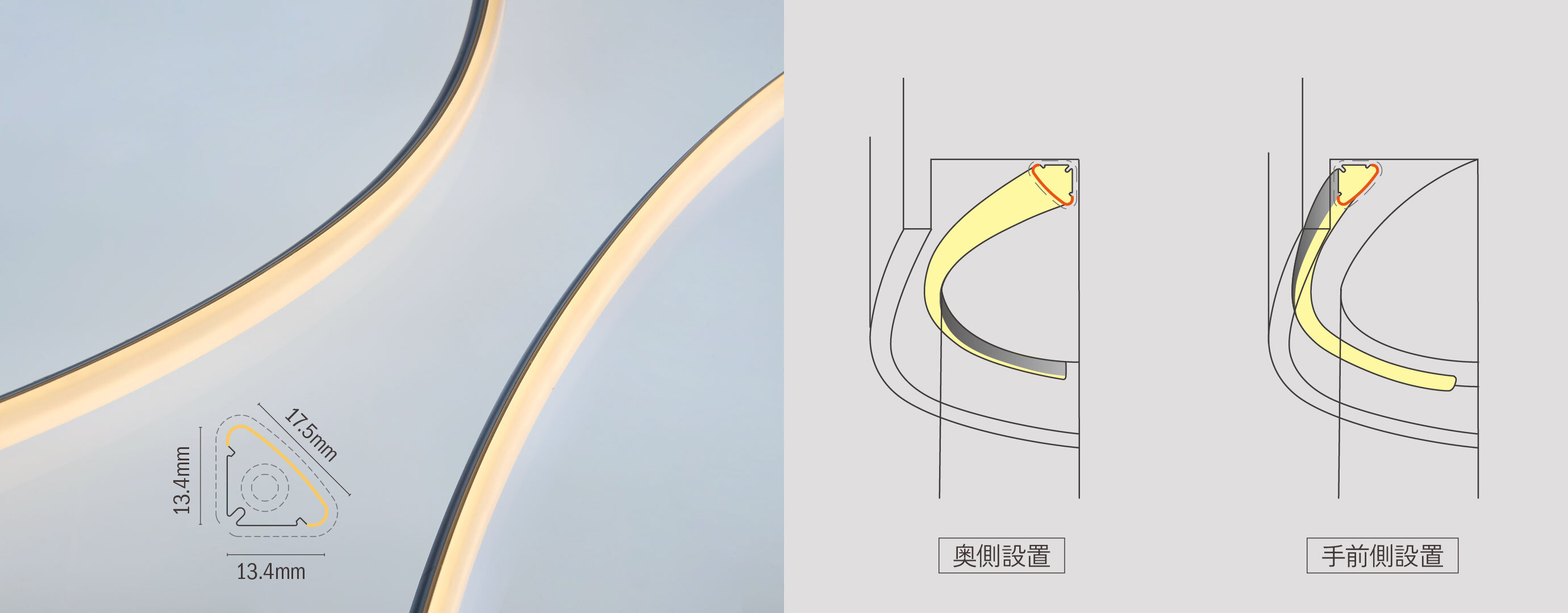 13.4mm×13.4mm×17.5mm、奥側設置の図、手前側設置の図