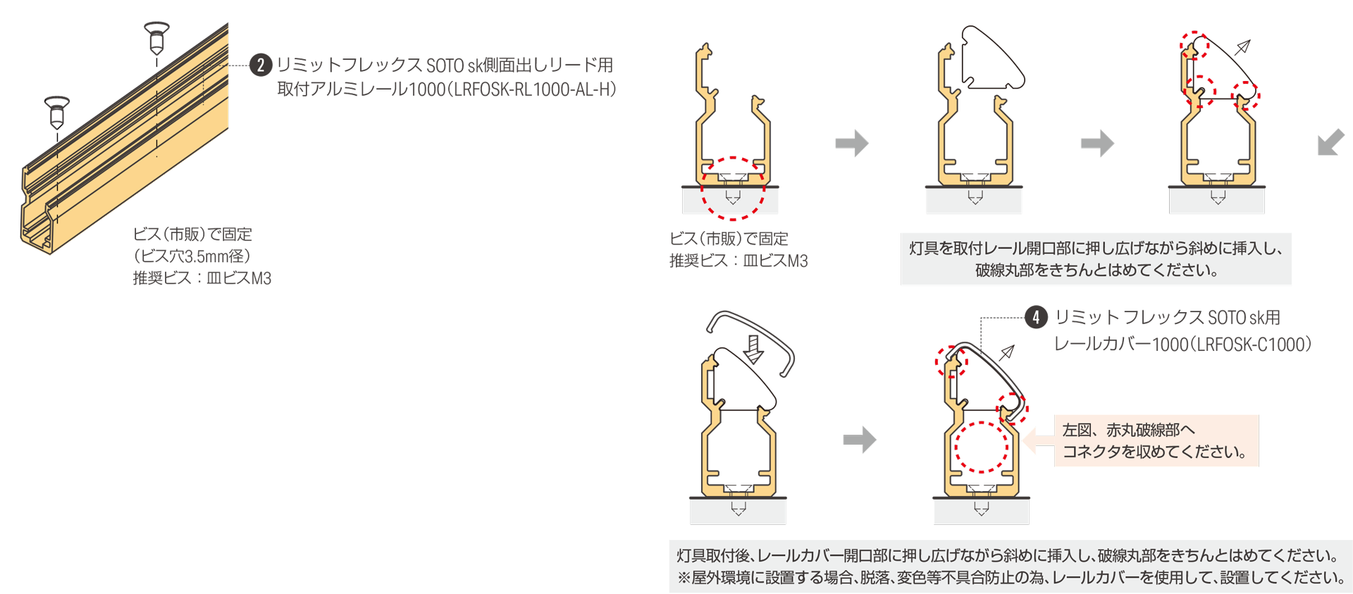 側面出しリード線の灯具を直線状に使用する場合
