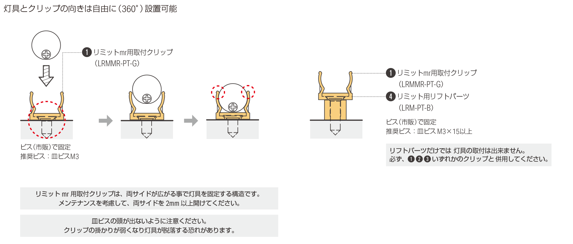 灯具をリミット m r 用取付クリップ + リフトパーツで設置する場合