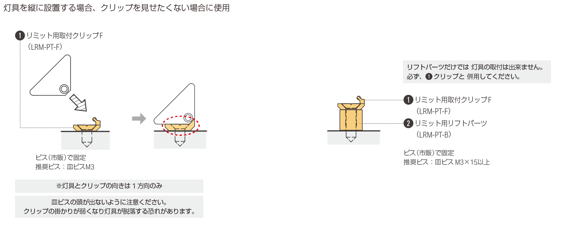 灯具をリミット用取付クリップ F + リフトパーツで設置
