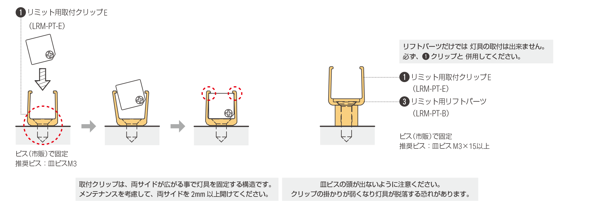 灯具をリミット用取付クリップ E + リフトパーツで設置する場合