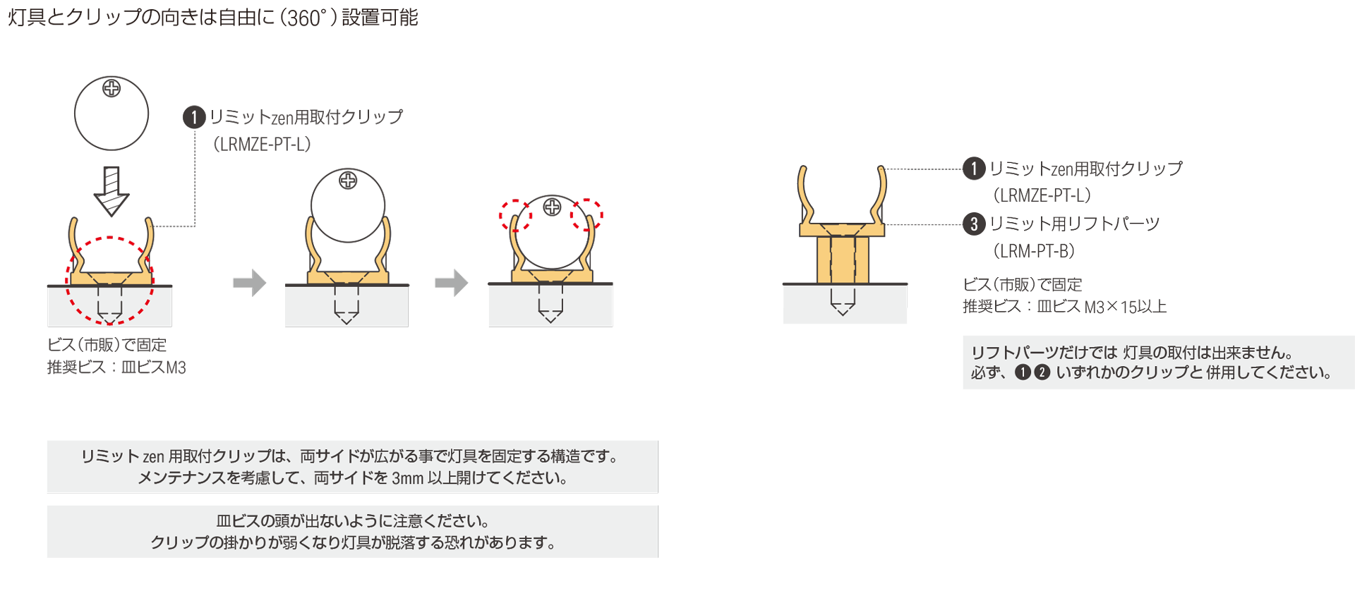 【片側リード仕様】リミット zen 用取付クリップ + リフトパーツで設置する場合