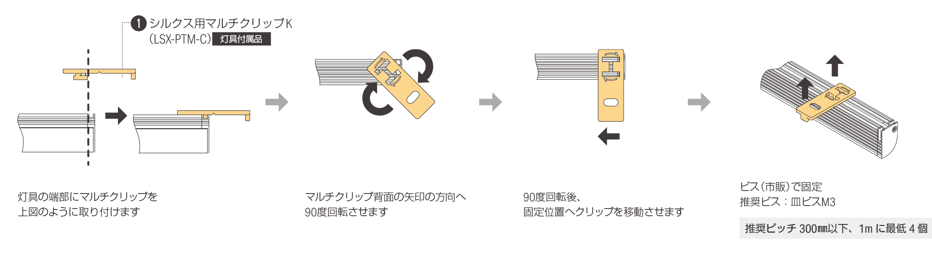 灯具横にマルチクリップをビス留めで設置