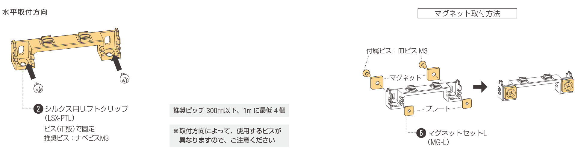 灯具をリフトクリップで水平取付方向に設置